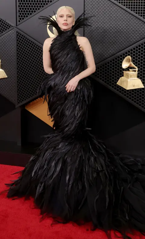 Getty Images Lady Gaga wears a long black dress with a feather styling as she poses for a photo on the red carpet of the Grammy Awards.