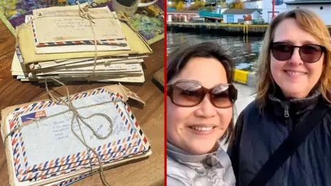 Split screen of old letters stacked on a table and two women outside smiling with sunglasses on