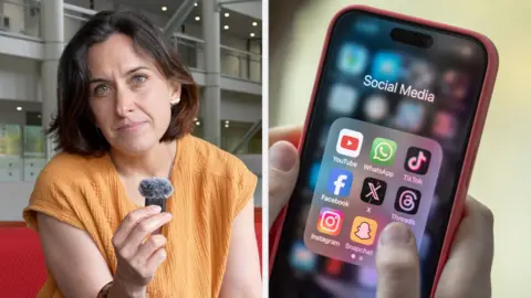 Split screen of BBC correspondent Katy Watson and a smart phone showing social media apps.