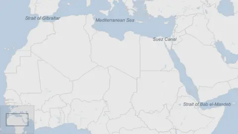 A map marking certain maritime areas around Africa: Strait of Gibraltar, the Mediterranean, the Suez Canal and the Strait of Bab el-Mandeb