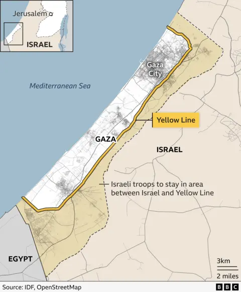 A map showing the extent of the Yellow Line which runs around the periphery of Gaza.