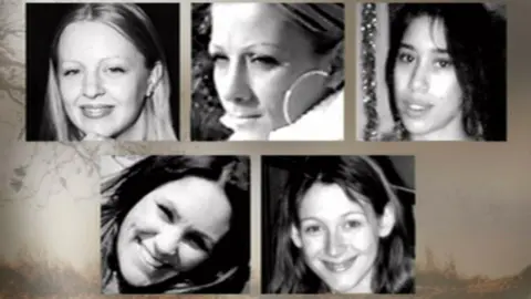 Gemma Adams (top left) was murdered along with (left to right) black and white images of Tania Nicol, Annette Nicholls and Paula Clennell