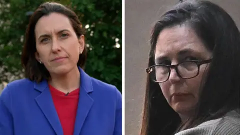 Split screen of BBC correspondent Katy Watson standing outside of court (L) and Erin Patterson (R)