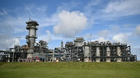 A collection of pipes and chimneys sits on a grass bank in front of a cloudy blue sky.