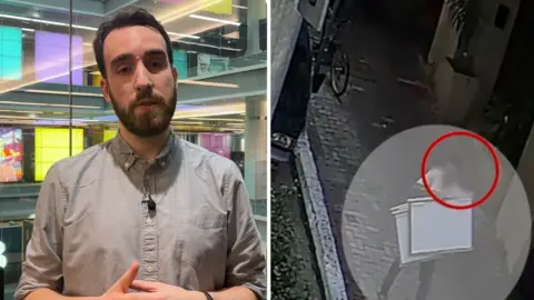 Split screen showing a BBC reporter on the left, and CCTV footage showing a suspect carrying artwork on the right