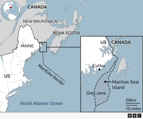 A map showing the 'grey zone' between the US and Canada
