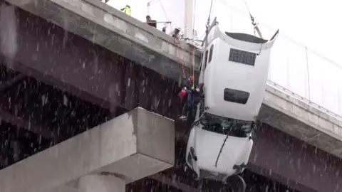 Car dangling over side of bridge in West Virginia