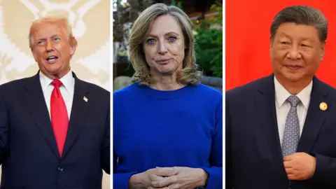 Split screen of Donald Trump (L), Laura Bicker (M), and Xi Jinping (R)