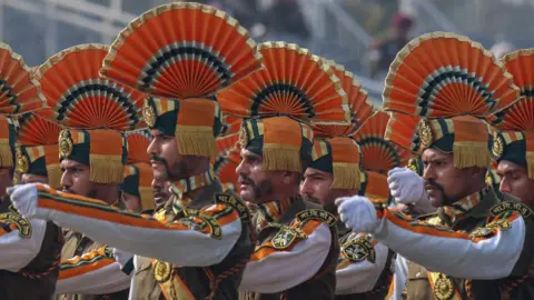 Indian paramilitary soldiers take part during Republic Day parade rehearsals in New Delhi, India, 21 January 2026. India will celebrate its 77th Republic Day on 26 January 2026.