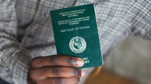 A hand holding a passport from Ghana