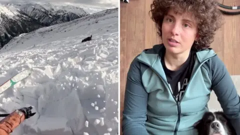Split image showing the avalanche on the left and Ares with her dog on the right during interview