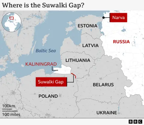 Map showing where the Suwalki Gap is, a stretch of border between Poland and Lithuania. Also highlighted are the Russian exclave of Kaliningrad on the Baltic coast and the Estonian city of Narva