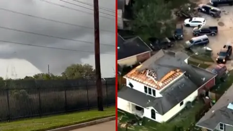 Splitscreen. Left, the tornado as seen behind a fence. Right, an aerial of a house with the roof ripped off.