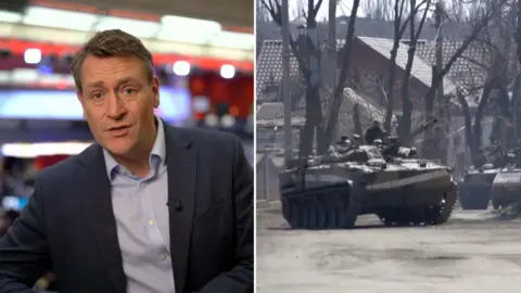 Split screen with the BBC's Joe Inwood on the left and a tank in the Donbas region of Ukraine on the right