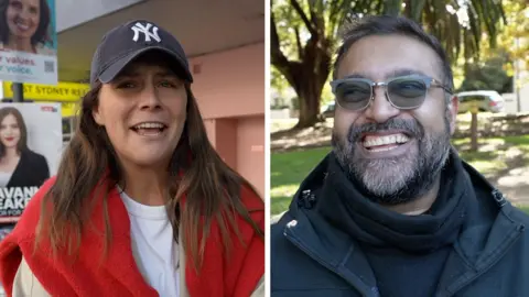 Split screen, with woman wearing cap and red jumper on the right looking worried, and a man wearing a black jumper on the left laughing