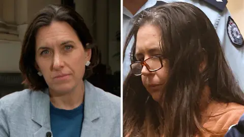 Split screen of BBC correspondent Katy Watson on the left, and Erin Patterson on the right