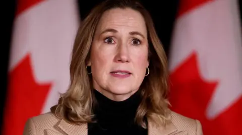 A close-up image of Kirsten Hillman. She has shoulder-length, straight light brown hair, and is wearing hoop earrings and a black turtle-neck top with a beige blazer overtop. Behind her is a blurred out set of Canadian flags. 