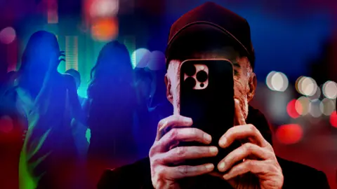 A treated image shows a stock photo of a man wearing a baseball cap while holding a phone up filming. The silhouettes of a group of women on a night out can be seen in the background.
