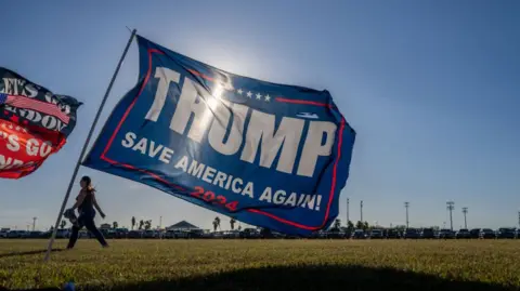 Image shows Trump flags in Texas during a campaign rally